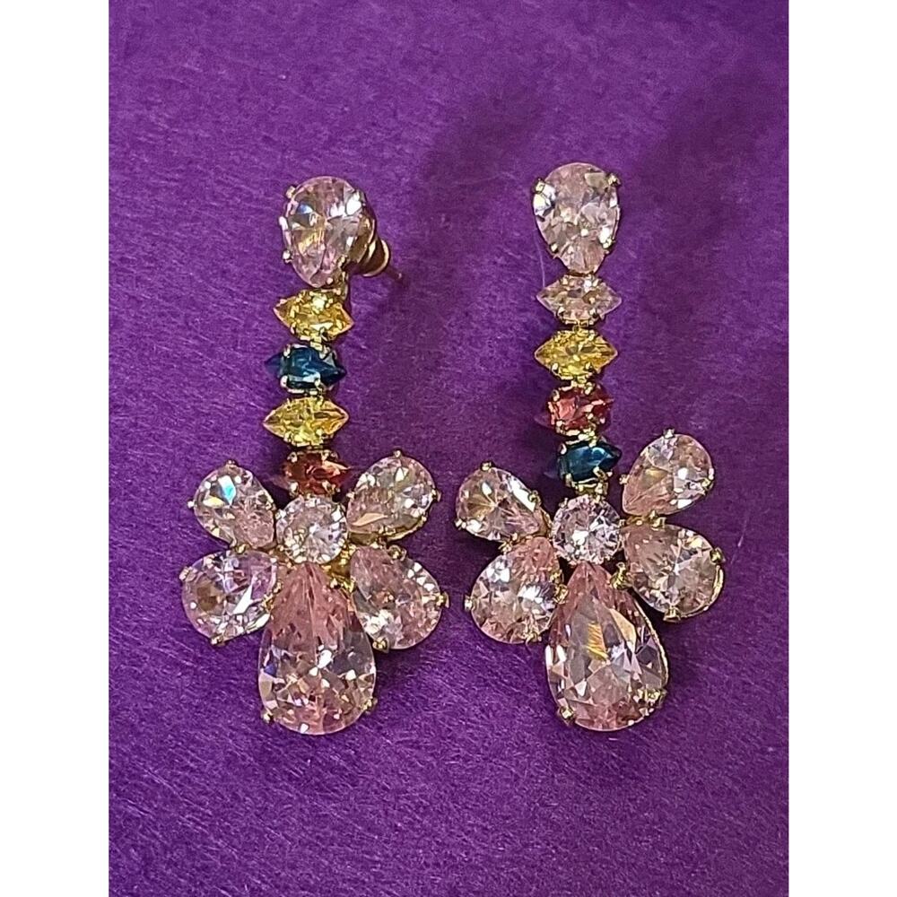 Fancy Pink Glass Crystal Dangle Drop Earrings Pierced Gold Tone Multicolored